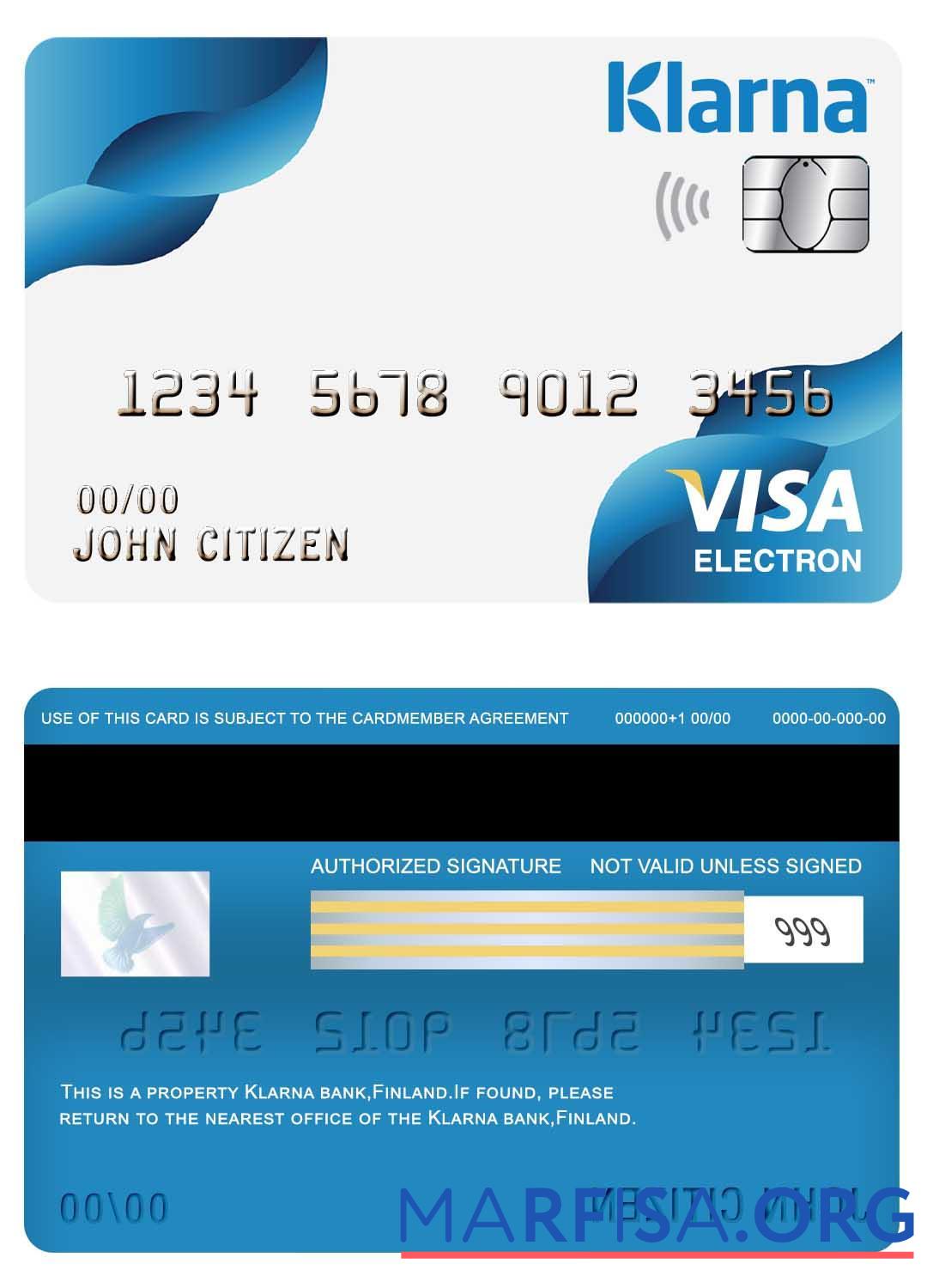 Printable Finland Klarna bank visa electron card real example